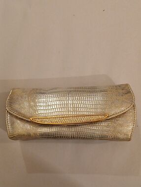 Judith Leiber Metallic Gold Lizzard Embossed Leather  Crystal Evening Clutch